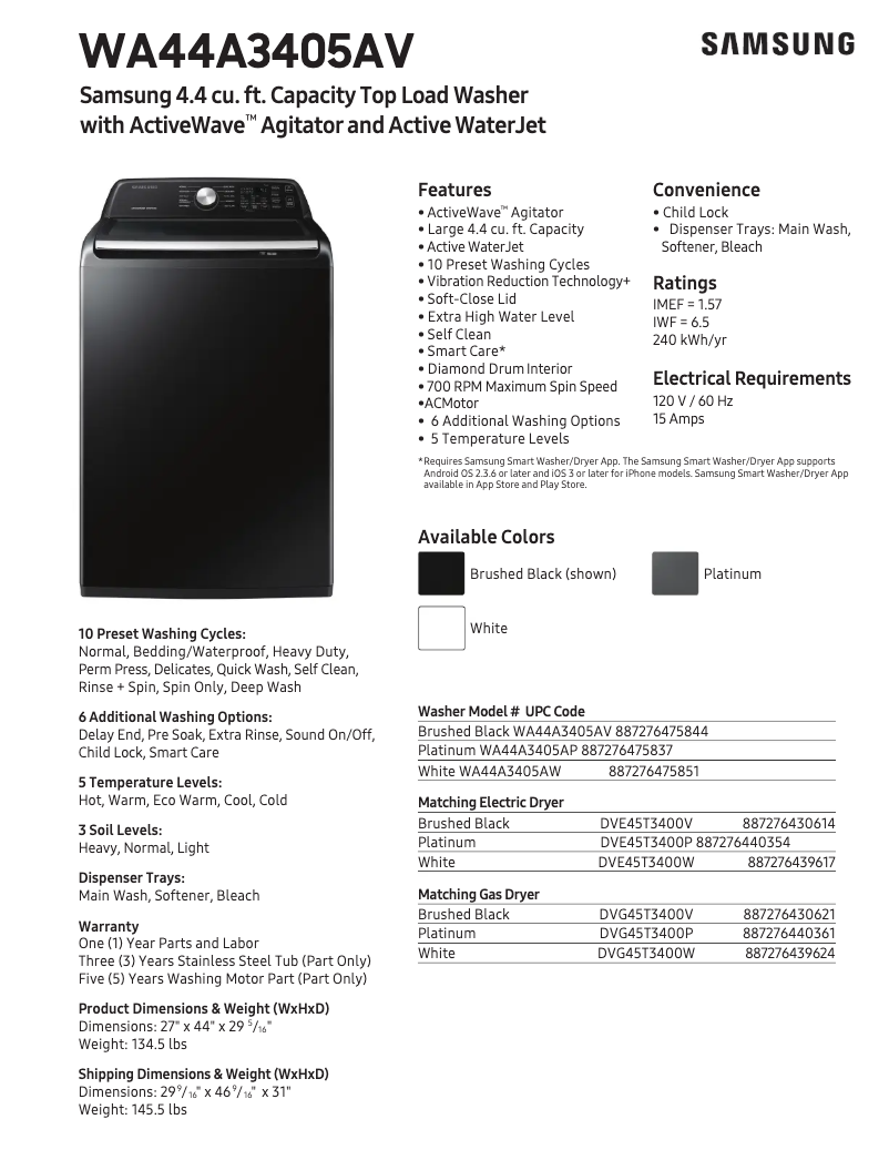 Page n°1 - Fiche technique Samsung WA44A3405AW