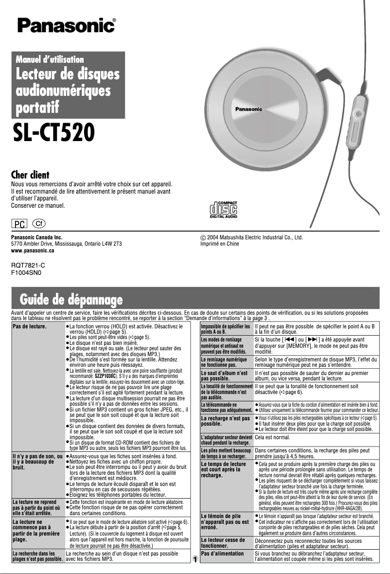 Page 1 de la notice Manuel utilisateur Panasonic SL-CT520