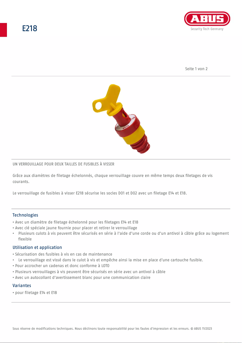 Page n°1 - Fiche technique Abus E218