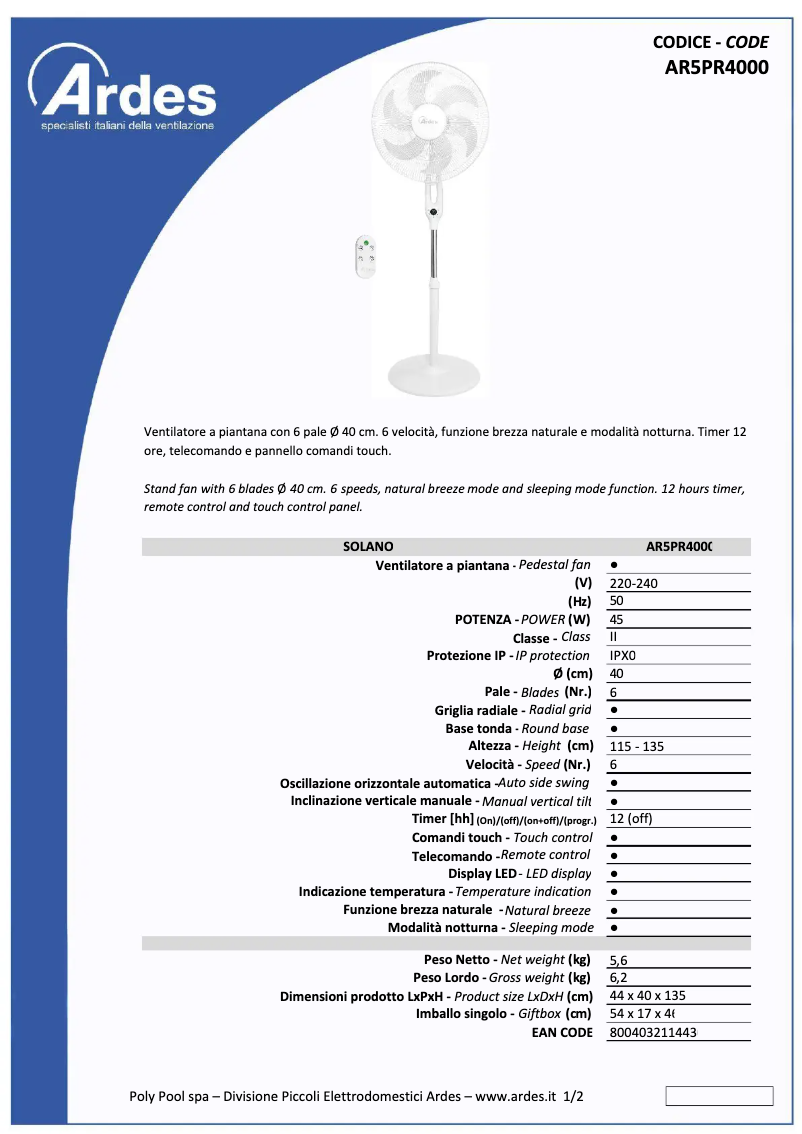 Page n°1 - Fiche technique Ardes AR5PR4001