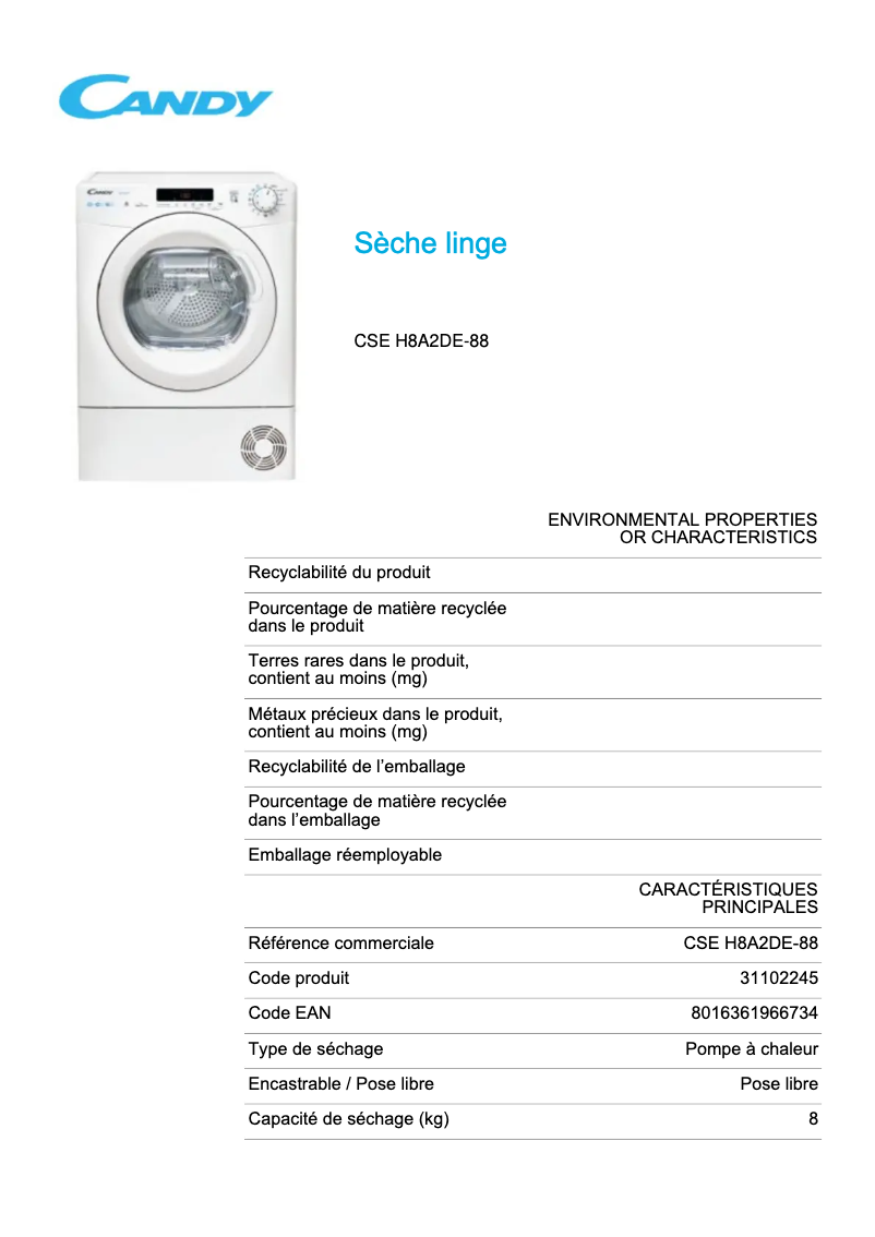 Page 1 de la notice Fiche technique Candy Smart CSE H8A2DE-88