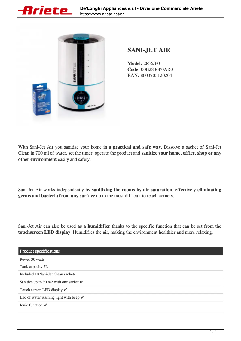 Page n°1 - Manuel utilisateur Ariete Sani-Jet Air 2836