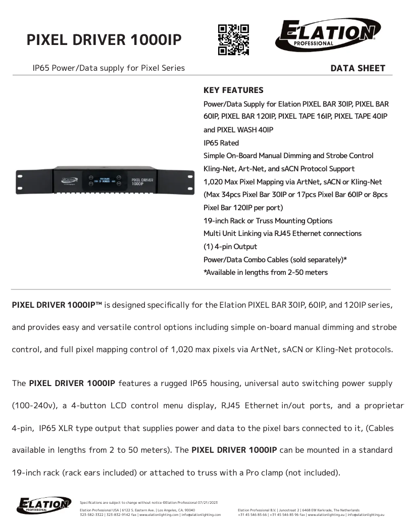 Page 1 de la notice Fiche technique Elation PIXEL DRIVER 1000IP