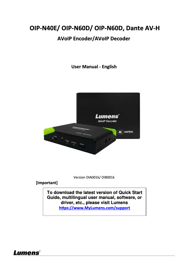 Page 1 de la notice Manuel utilisateur Lumens OIP-N40E