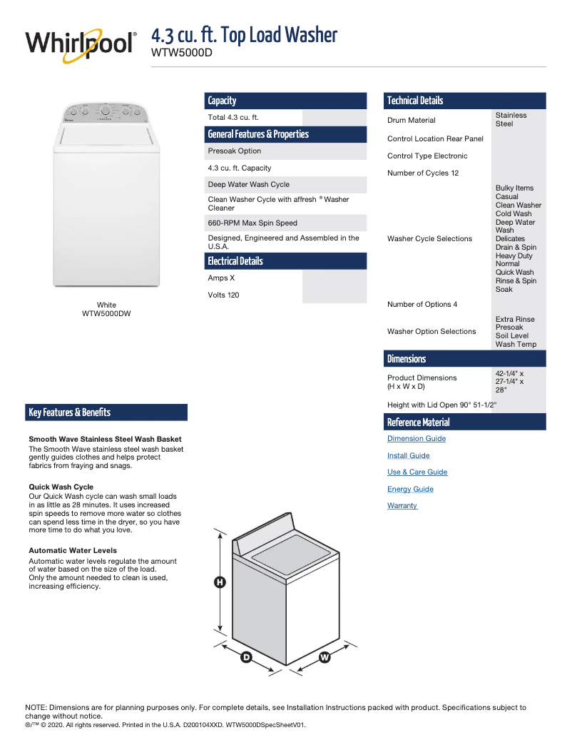 Page 1 de la notice Fiche technique Whirlpool WHLAUWGD5000DW