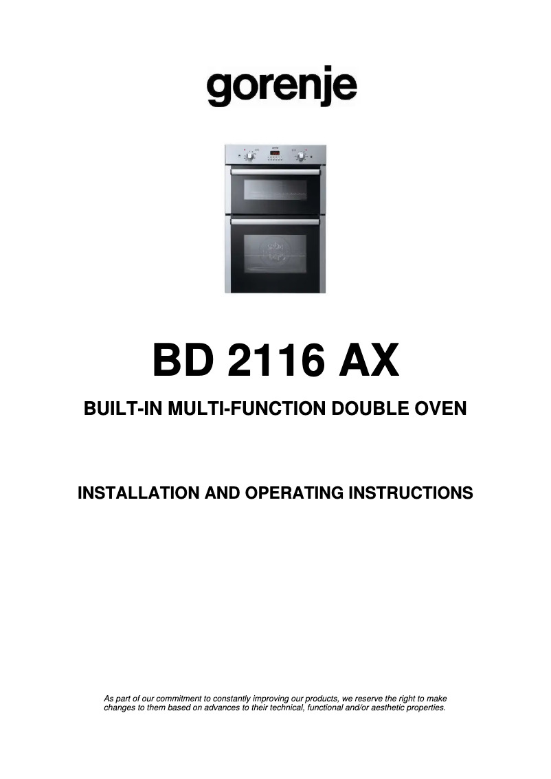 Page 1 de la notice Manuel utilisateur Gorenje BD2116