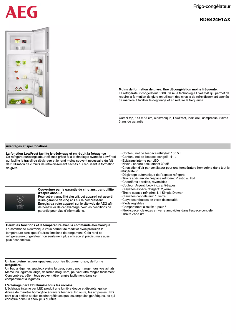 Page 1 de la notice Fiche technique AEG RDB424E1AX