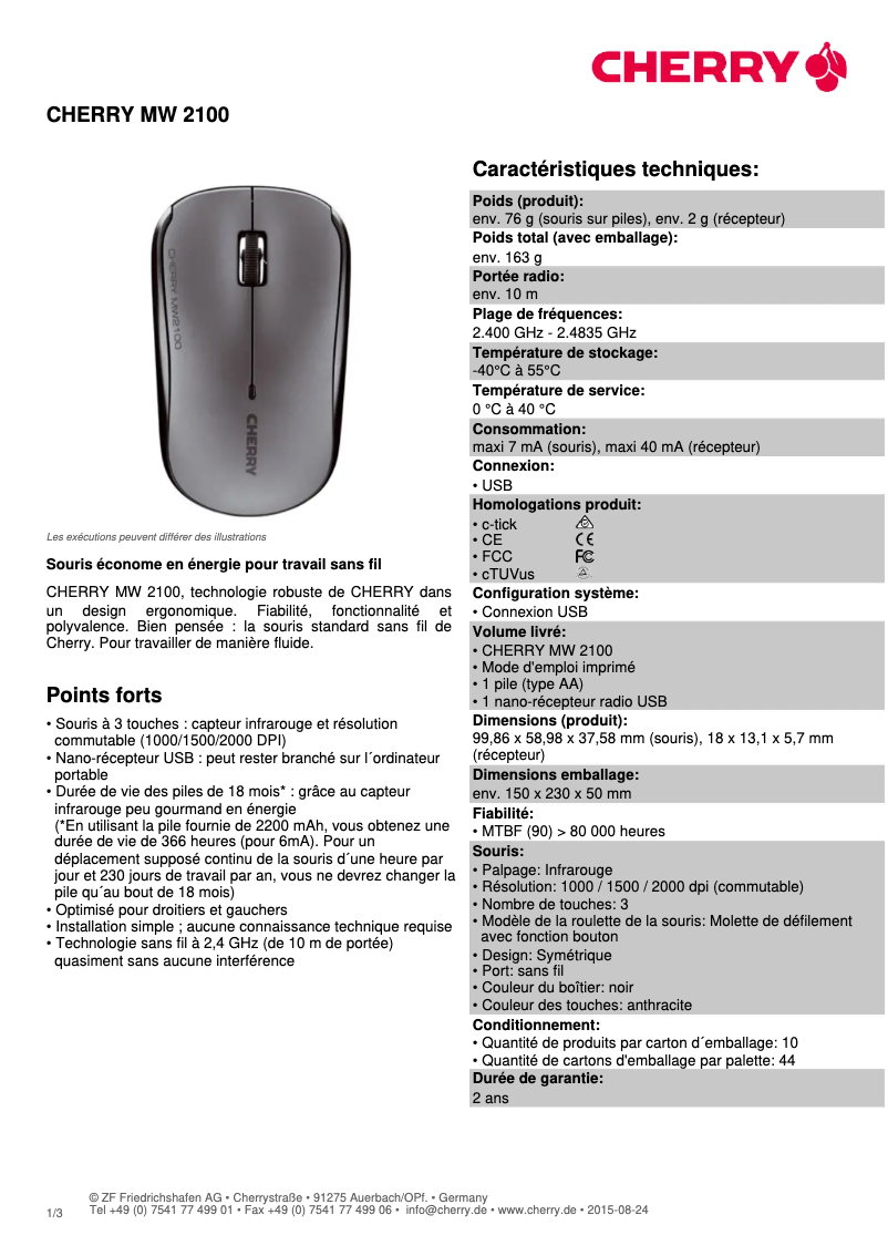 Page 1 de la notice Fiche technique Cherry MW 2100