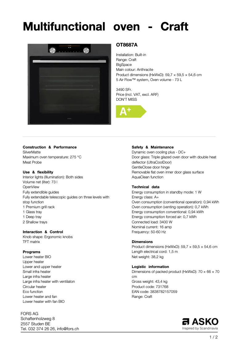 Page 1 de la notice Fiche technique Asko OT8687A