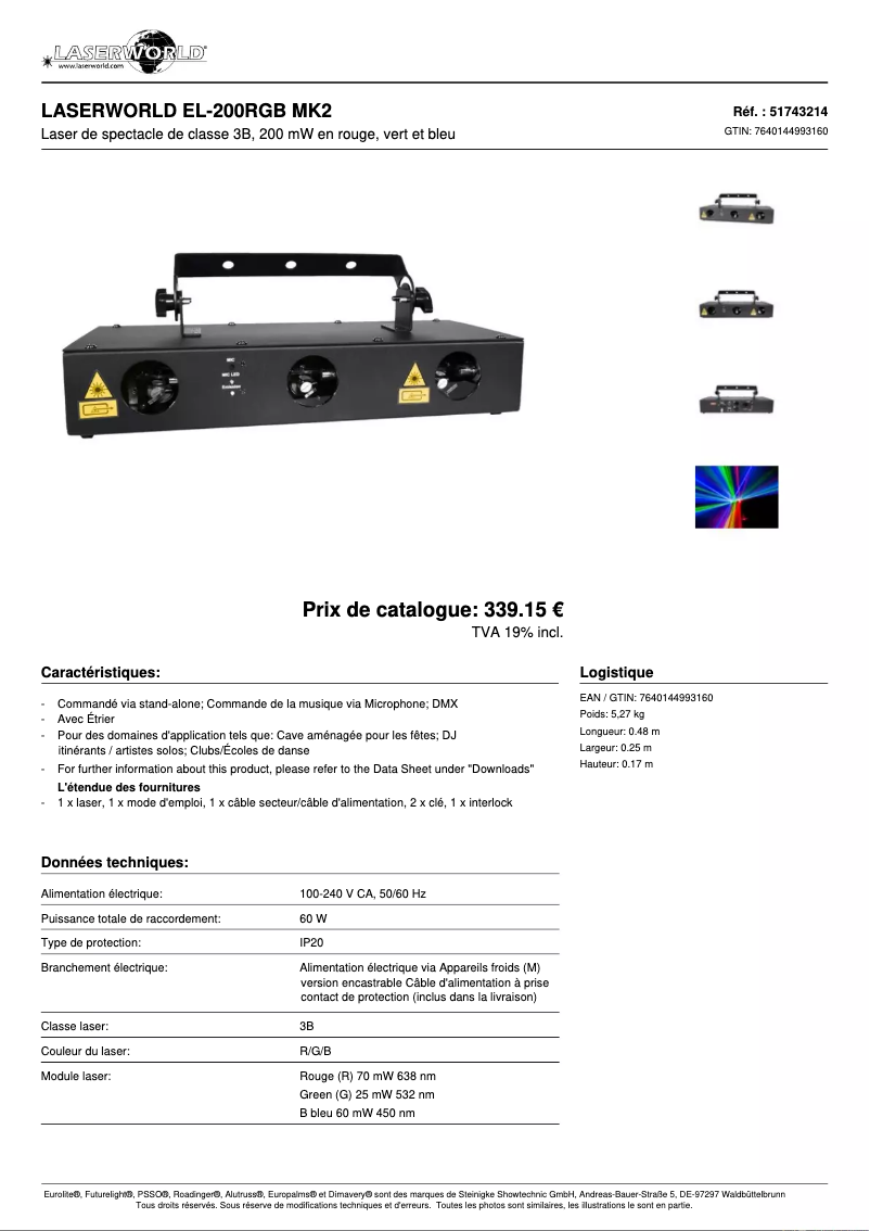Page n°1 - Fiche technique Laserworld EL-200RGB MK2