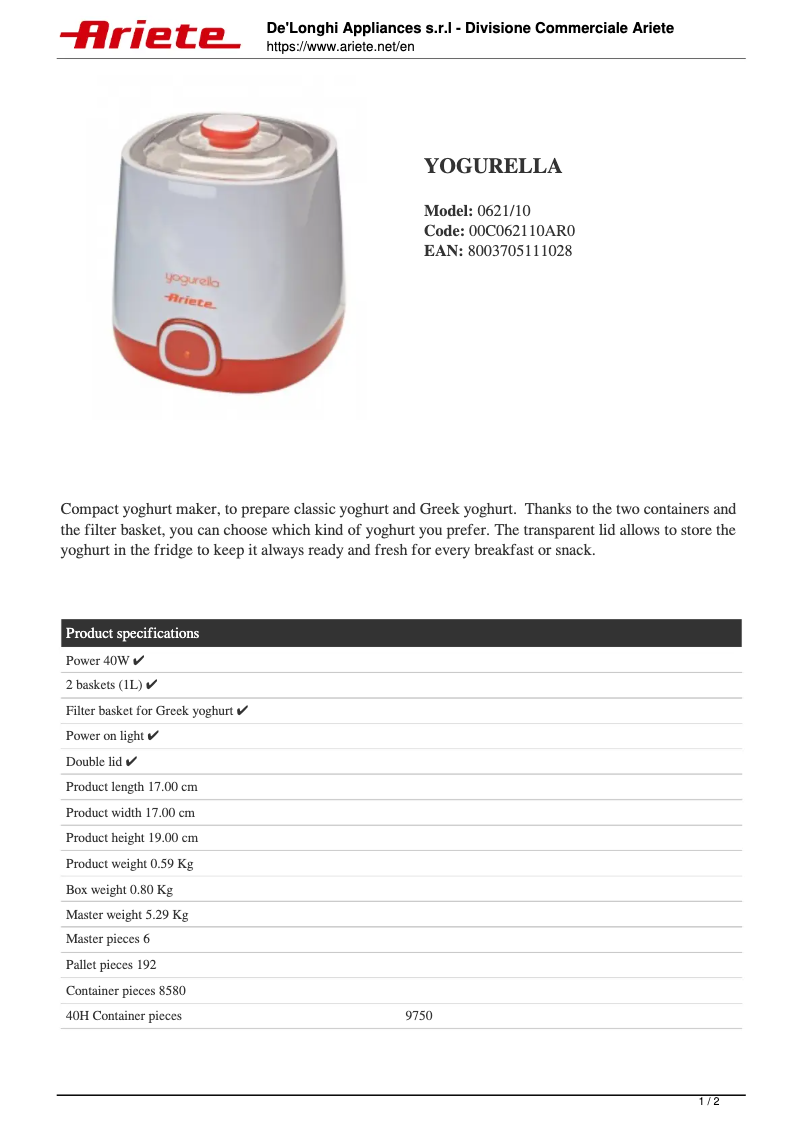 Page 1 de la notice Fiche technique Ariete Yogurella 621