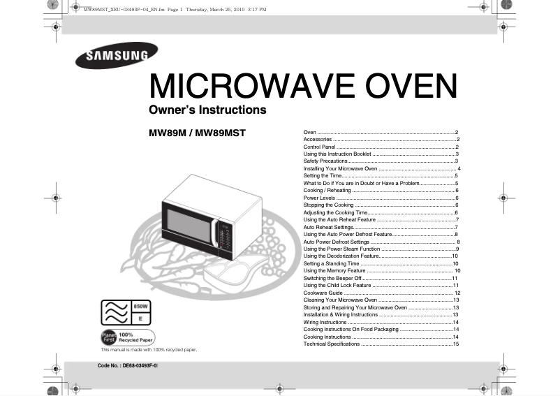 Page n°1 - Manuel utilisateur Samsung MW89M-W