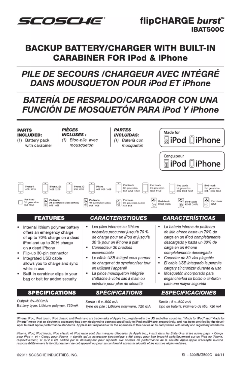 Page 1 de la notice Manuel utilisateur Scosche IBAT500C