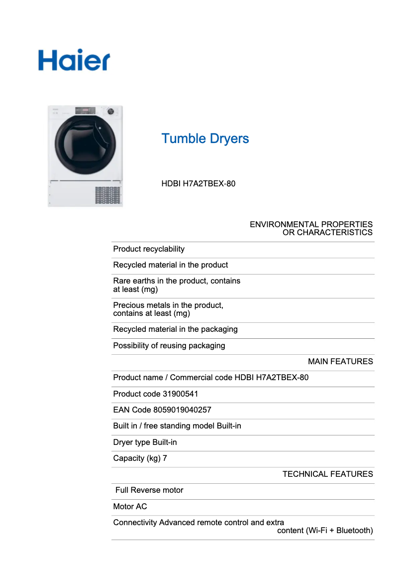 Page 1 de la notice Fiche technique Haier HDBI H7A2TBEX-80