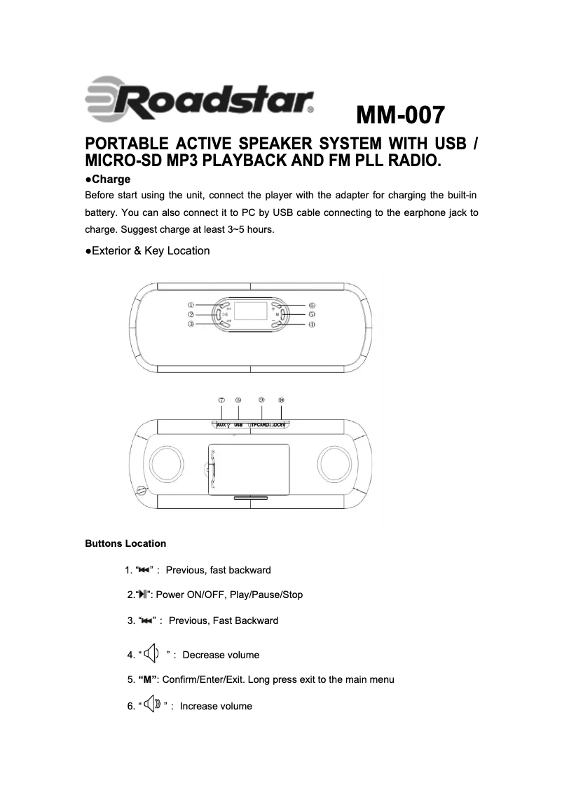 Page n°1 - Manuel utilisateur Roadstar MM-007N/PK