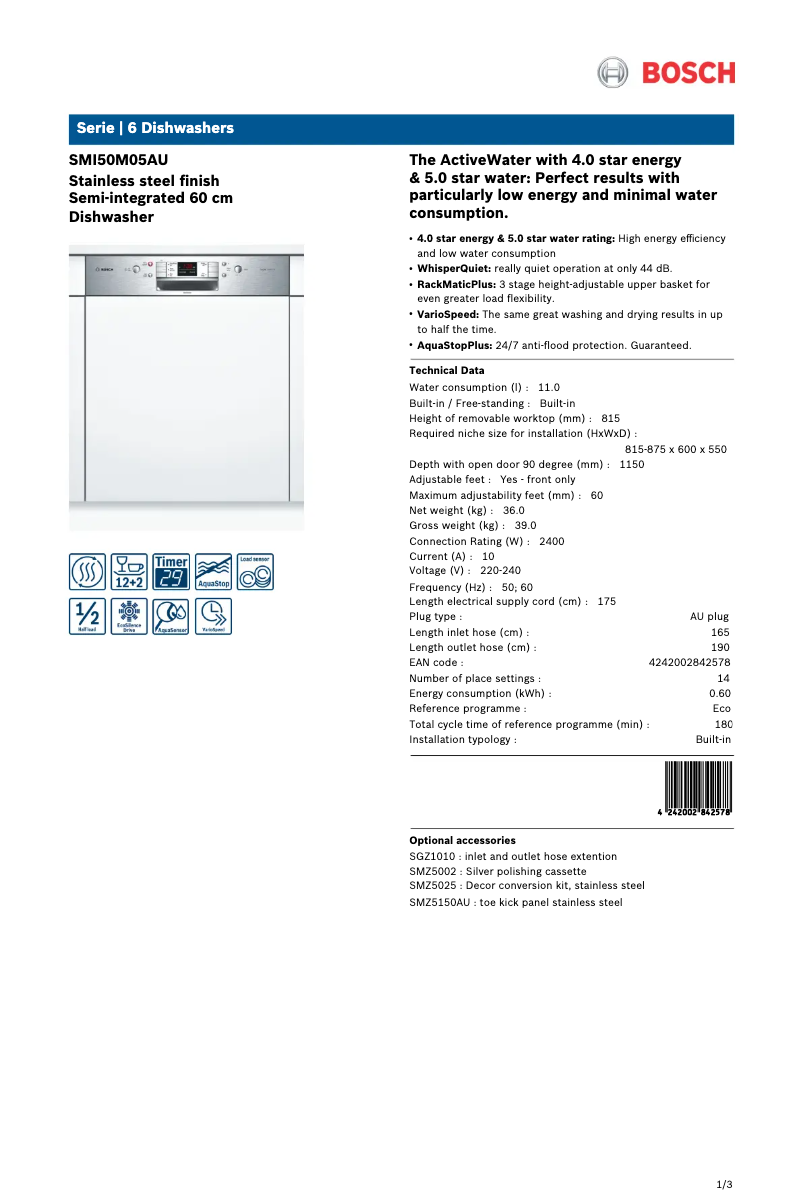 Page n°1 - Fiche technique Bosch SMI50M05AU