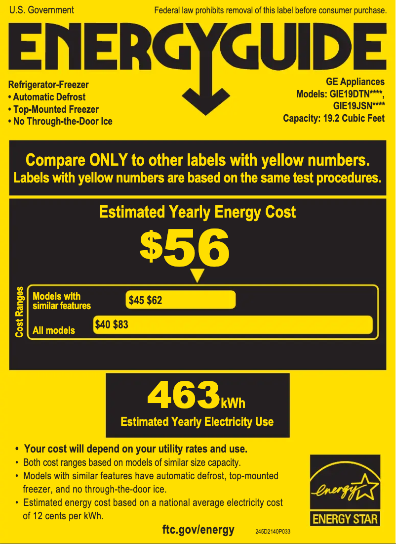 Page 1 de la notice Label énergétique GE GIE19JSNRSS