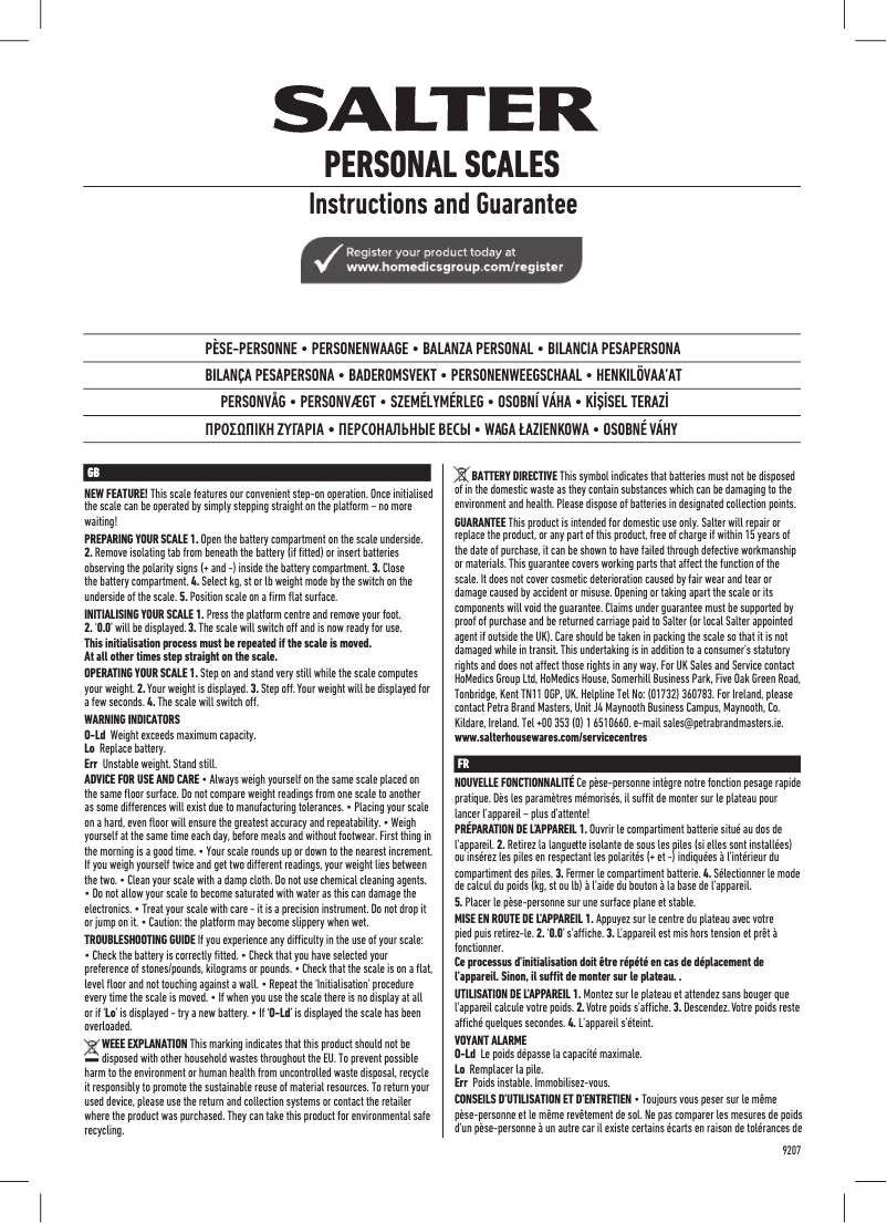 Page 1 de la notice Manuel utilisateur Salter 9207 WH3R