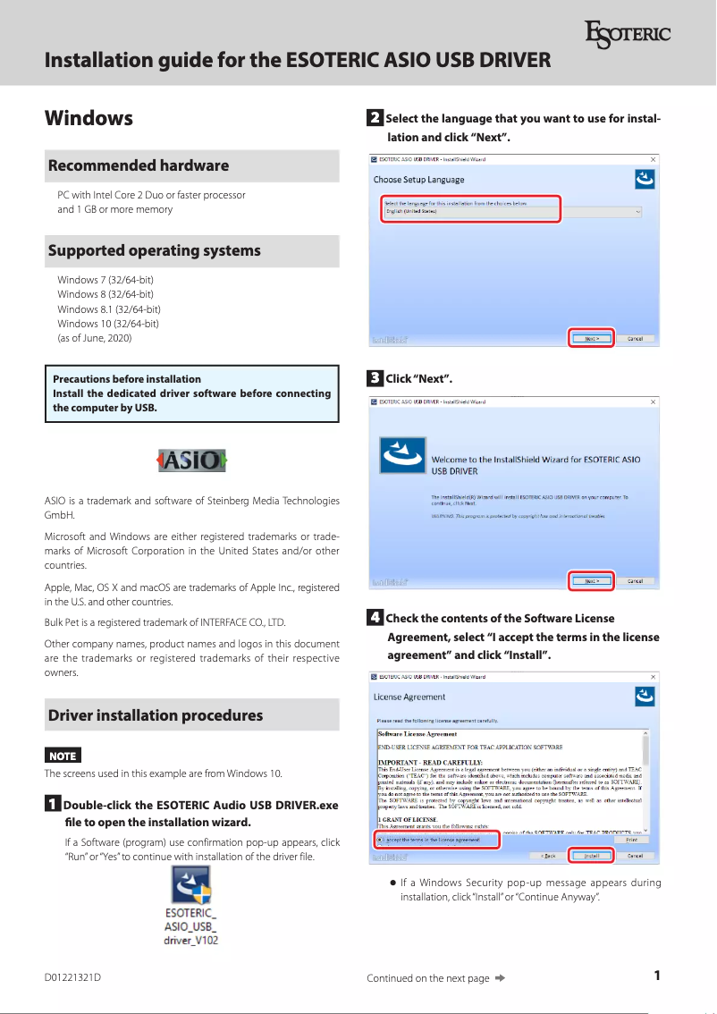 Page 1 de la notice Guide d'installation Esoteric K-07Xs