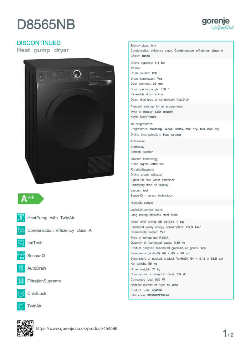 Page 1 de la notice Fiche technique Gorenje D8565NB