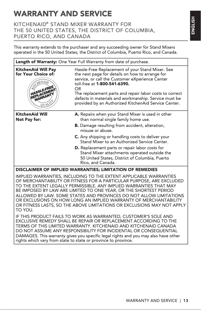 Page 1 de la notice Informations de garantie KitchenAid KSM3316XHT