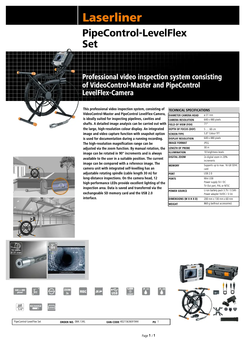 Page 1 de la notice Fiche technique Laserliner PipeControl-LevelFlex Set