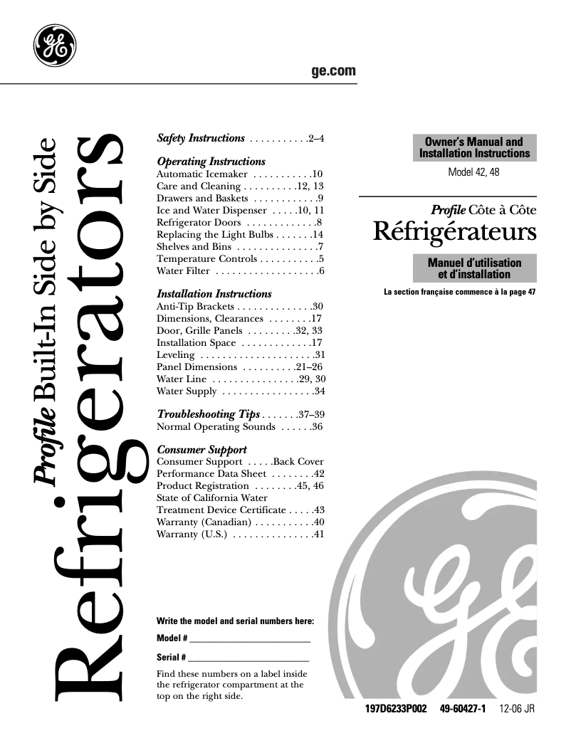 Page 1 de la notice Manuel d'utilisation et d'entretien GE PSB48LSRBV