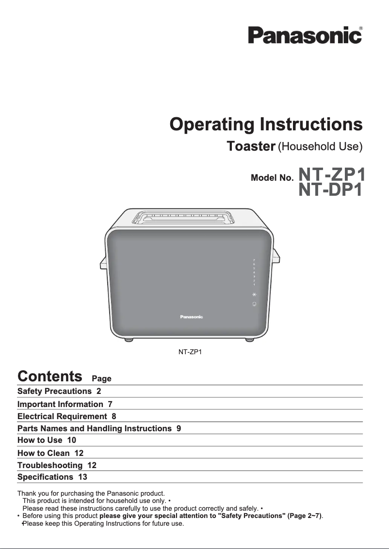 Page 1 de la notice Manuel utilisateur Panasonic NTZP1VXC