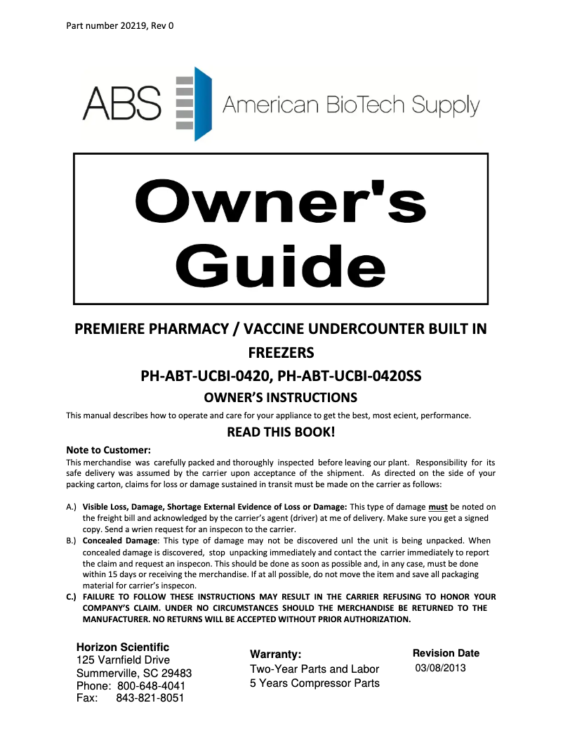 Page 1 de la notice Manuel d'utilisation et d'entretien American BioTech Supply PH-ABT-HC-UCBI-0420