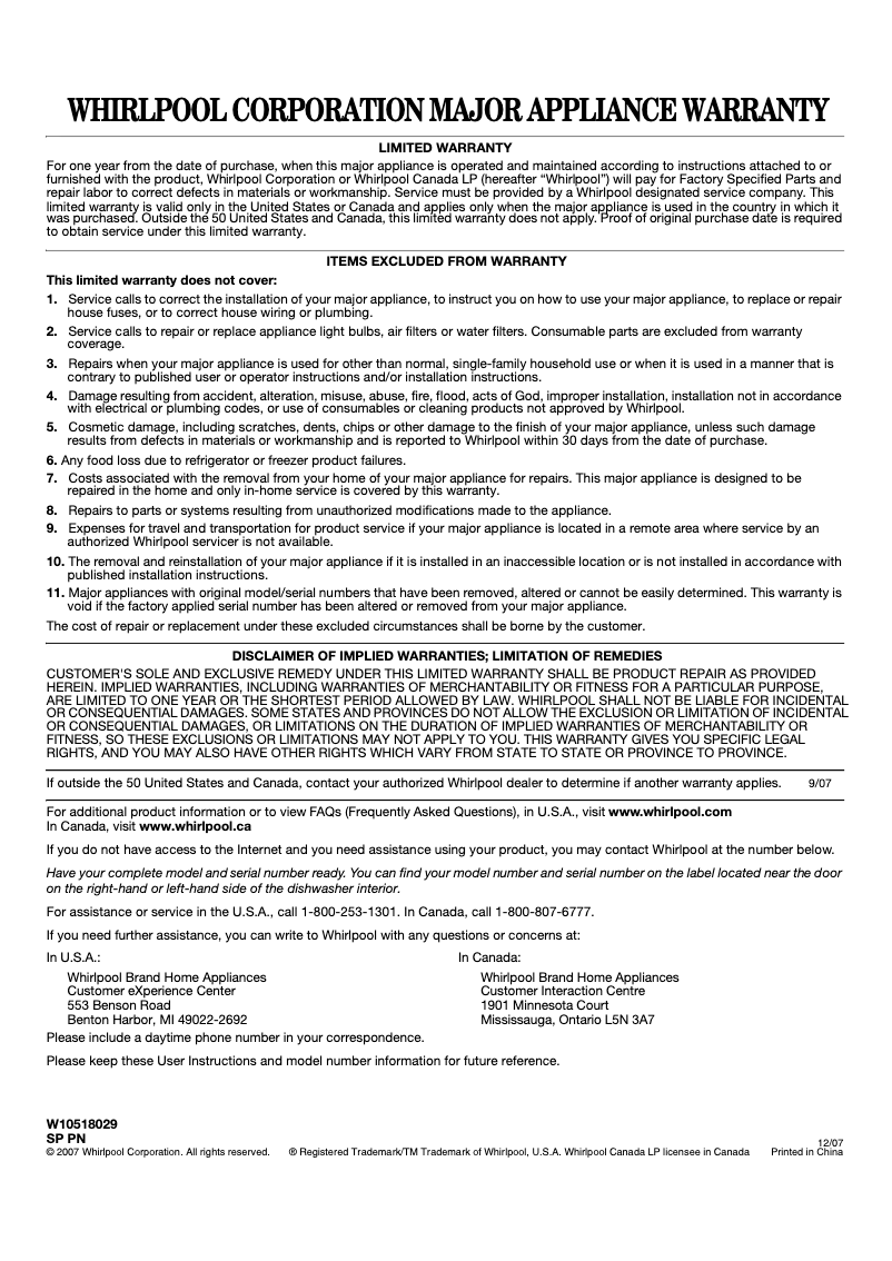 Image de la première page du manuel de l'appareil WDF518SAF