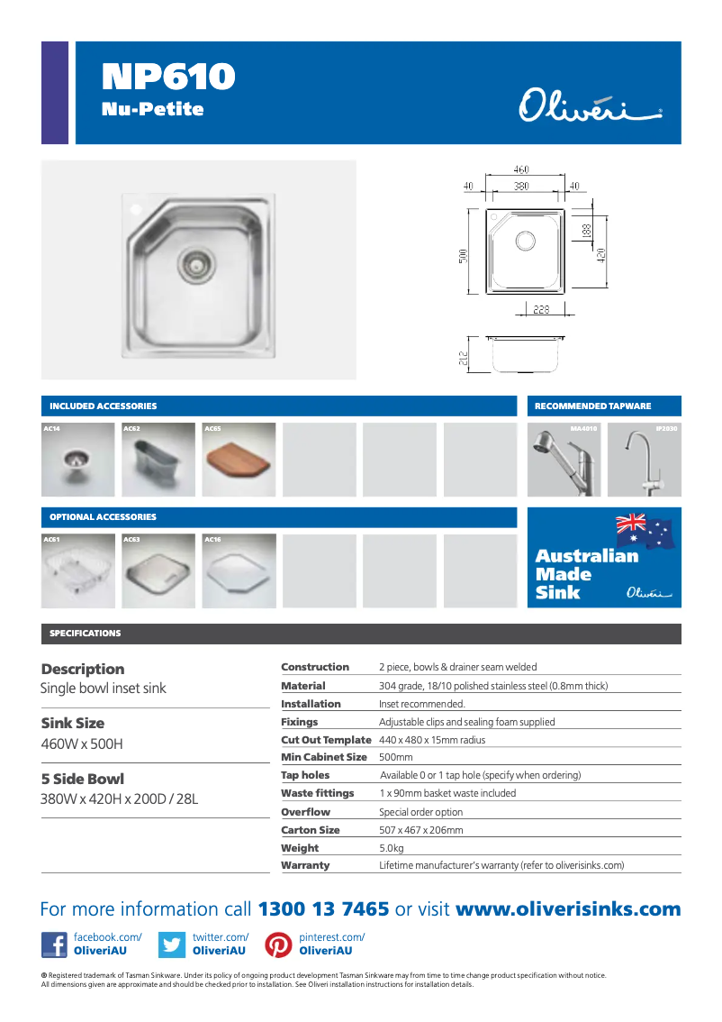 Page 1 de la notice Fiche technique Oliveri NP6101TH