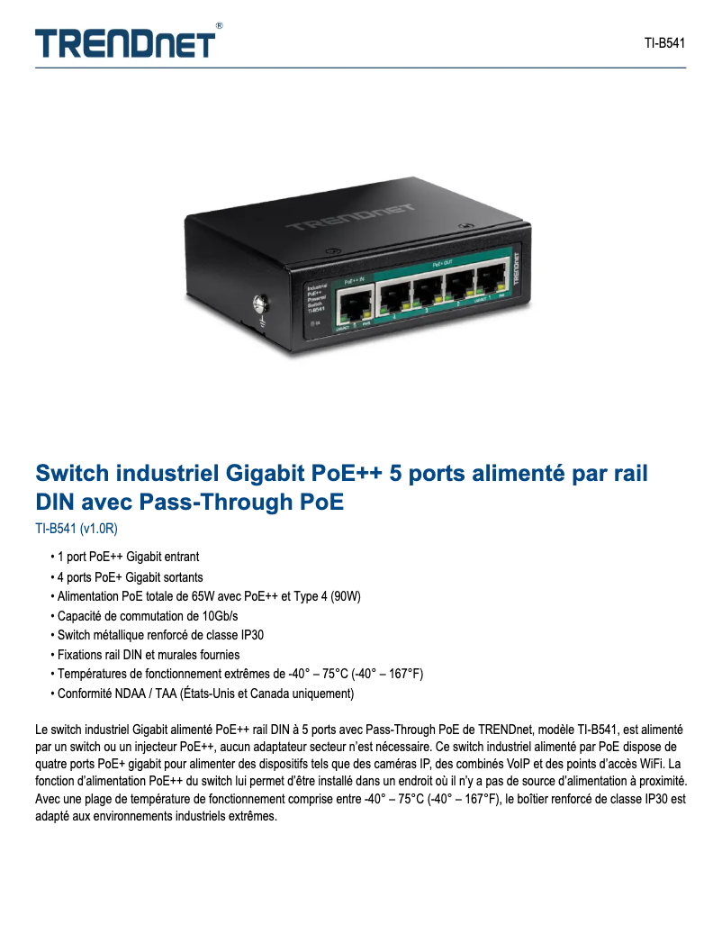 Page 1 de la notice Fiche technique TRENDnet TI-B541