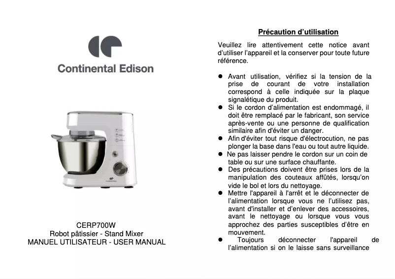 Page n°1 - Manuel utilisateur Continental Edison CERP700W