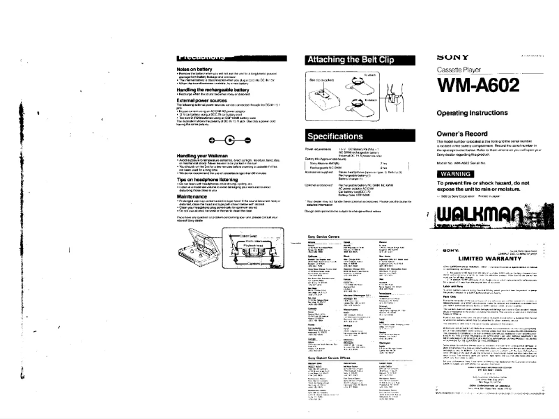 Page 1 de la notice Manuel utilisateur Sony Walkman WM-A602