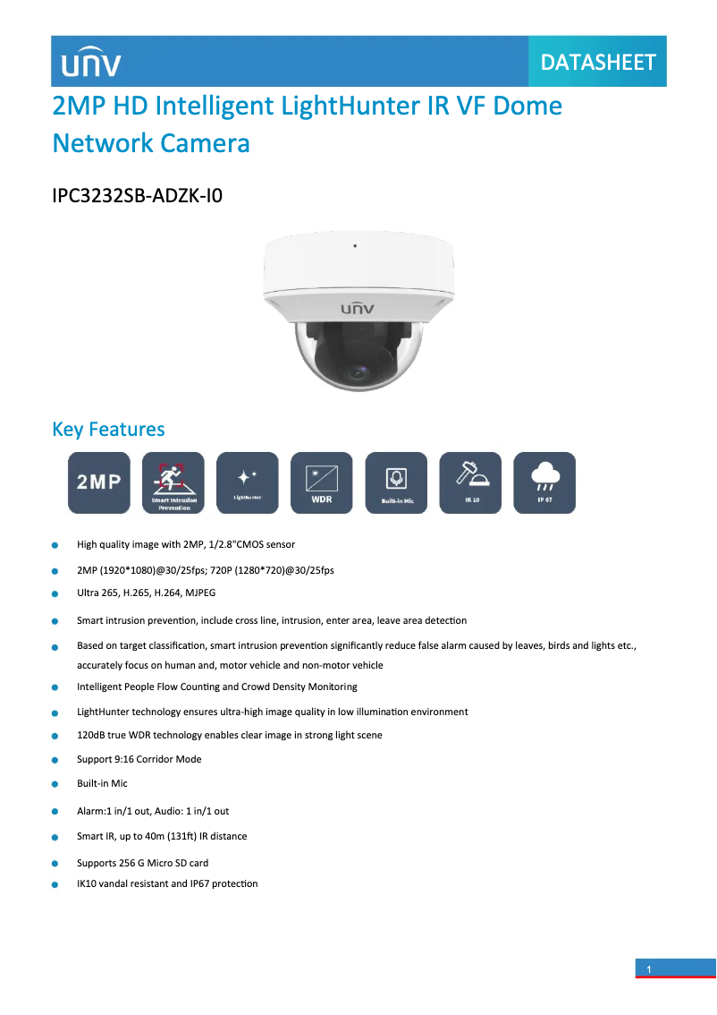 Page 1 de la notice Fiche technique UniView IPC3232SB-ADZK-I0