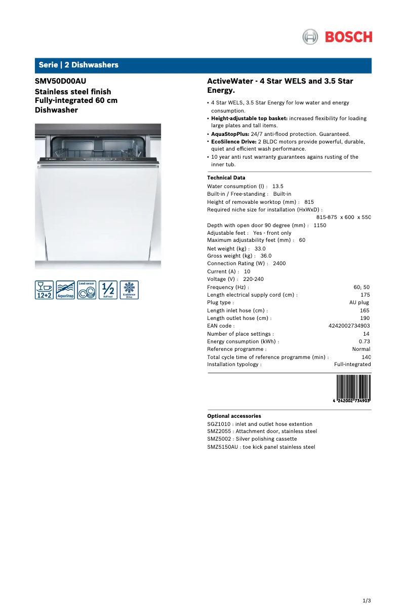 Página 1 del manual Ficha técnica Bosch SMV50D00AU