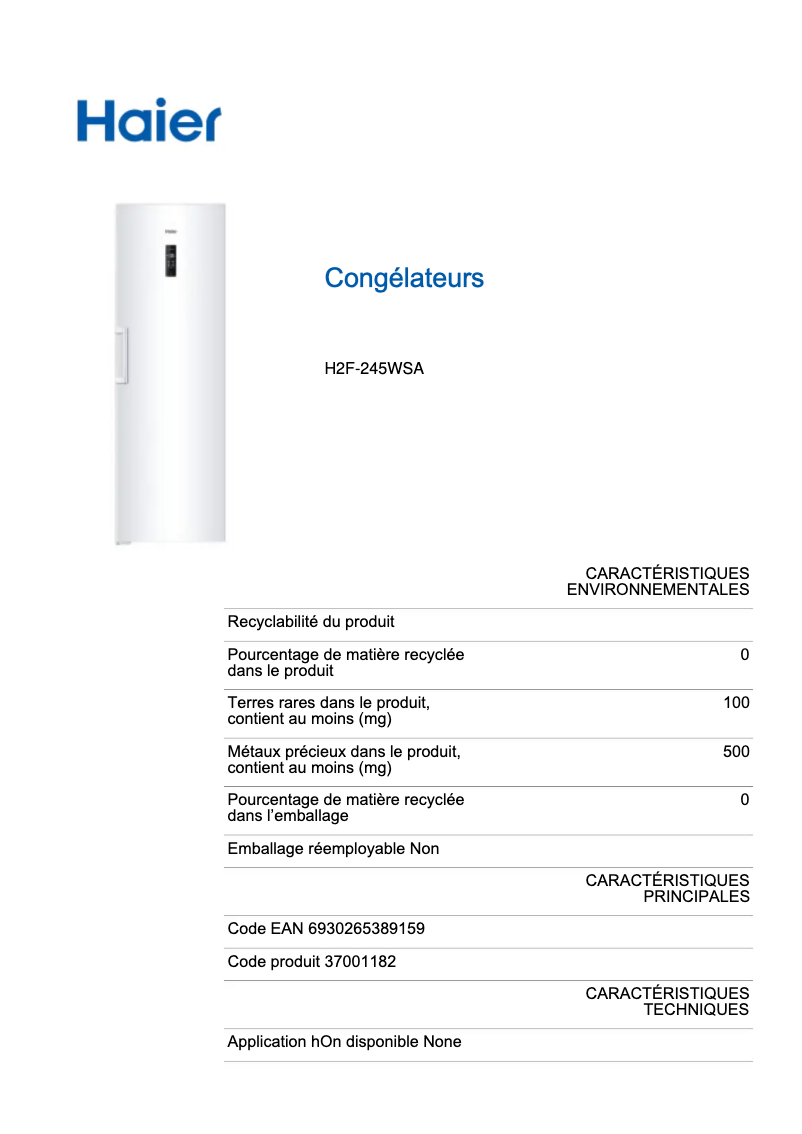 Page 1 de la notice Label énergétique Haier H2F-245WSA