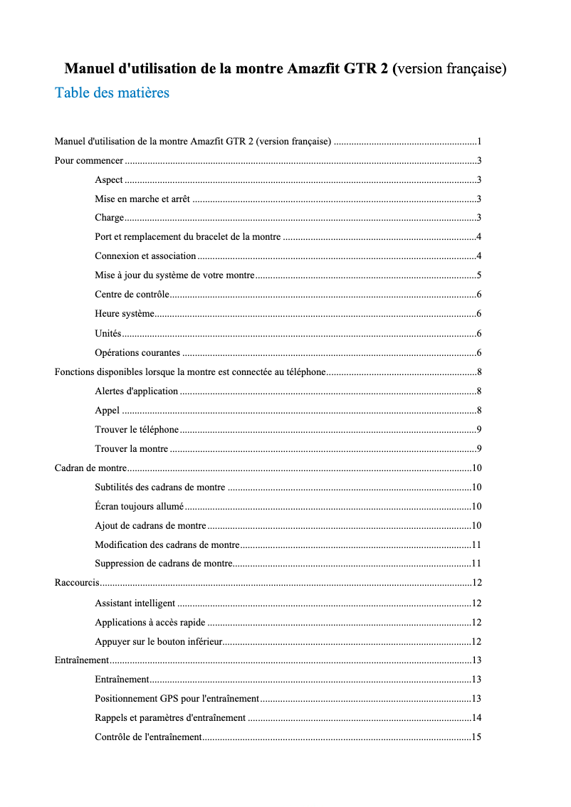 Page 1 de la notice Manuel utilisateur Amazfit GTR 2