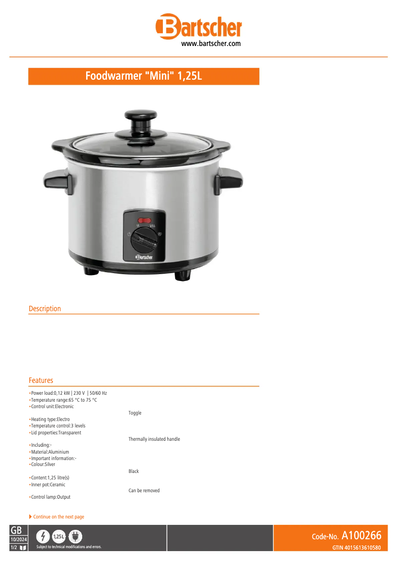 Page 1 de la notice Fiche technique Bartscher 900005