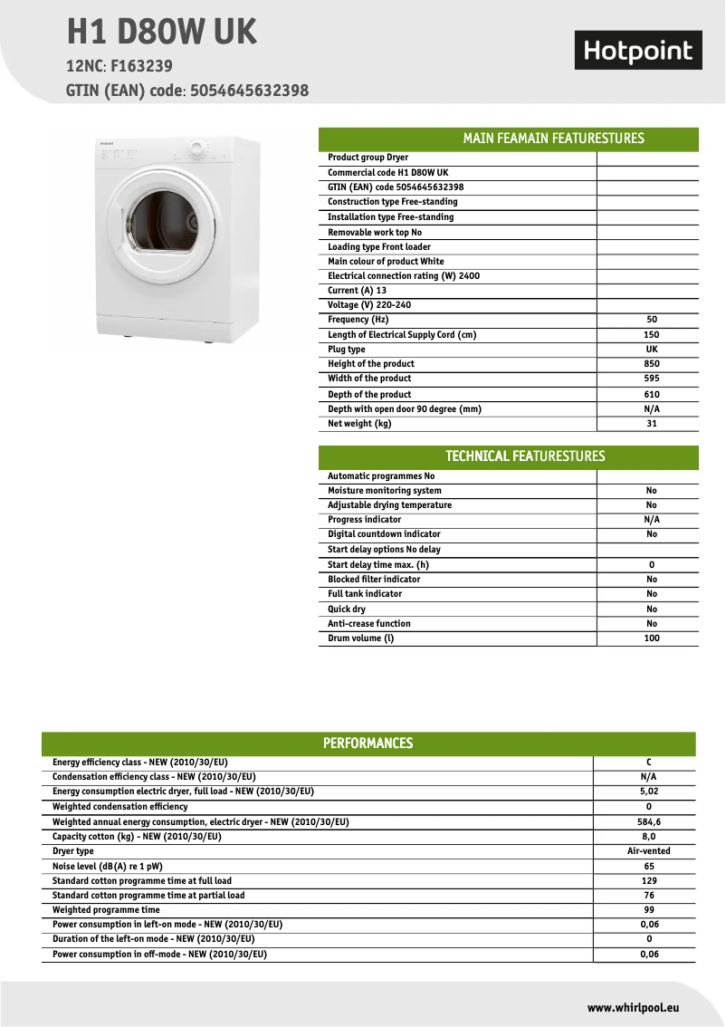 Page 1 de la notice Fiche technique Hotpoint H1 D80W UK
