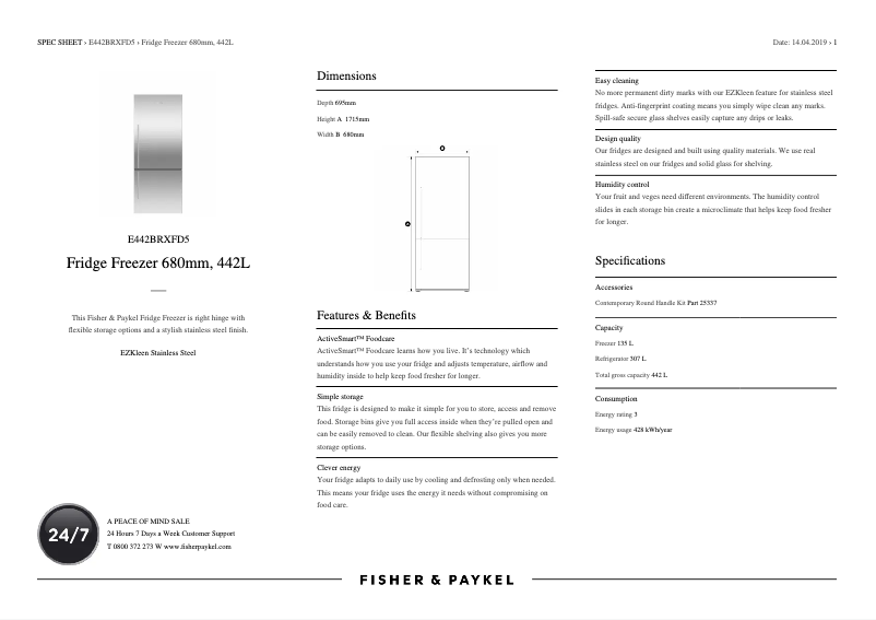 Page n°1 - Fiche technique Fisher & Paykel E442BRXFD5