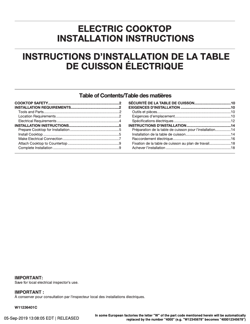 Page n°1 - Guide d'installation Jenn-Air JEC3536HB