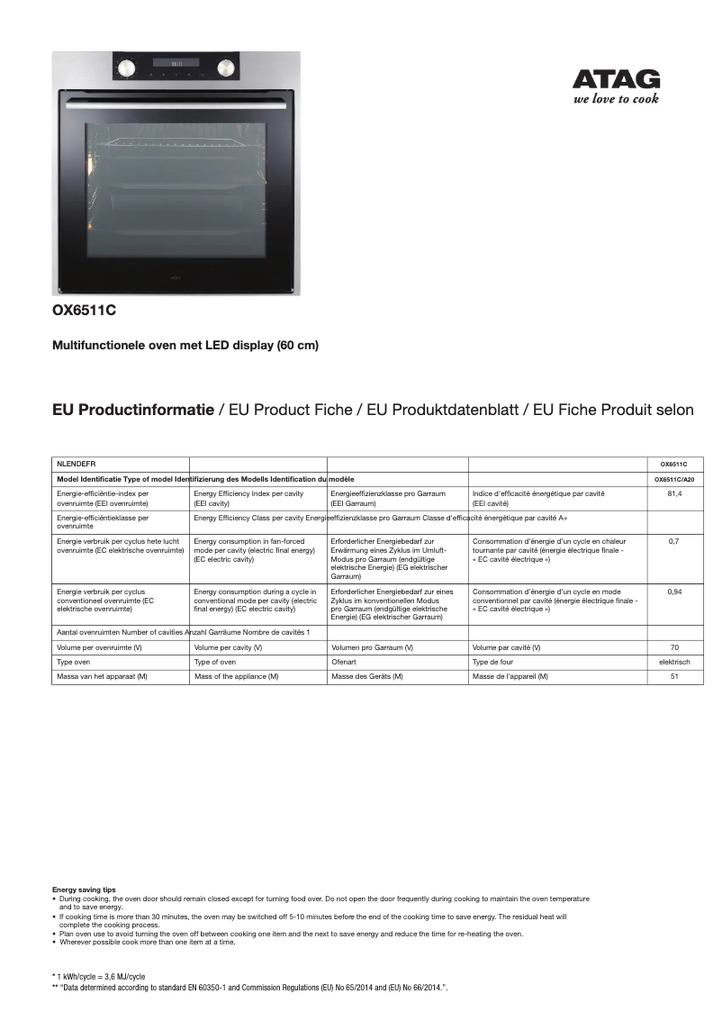 Page n°1 - Fiche technique Atag OX6511C