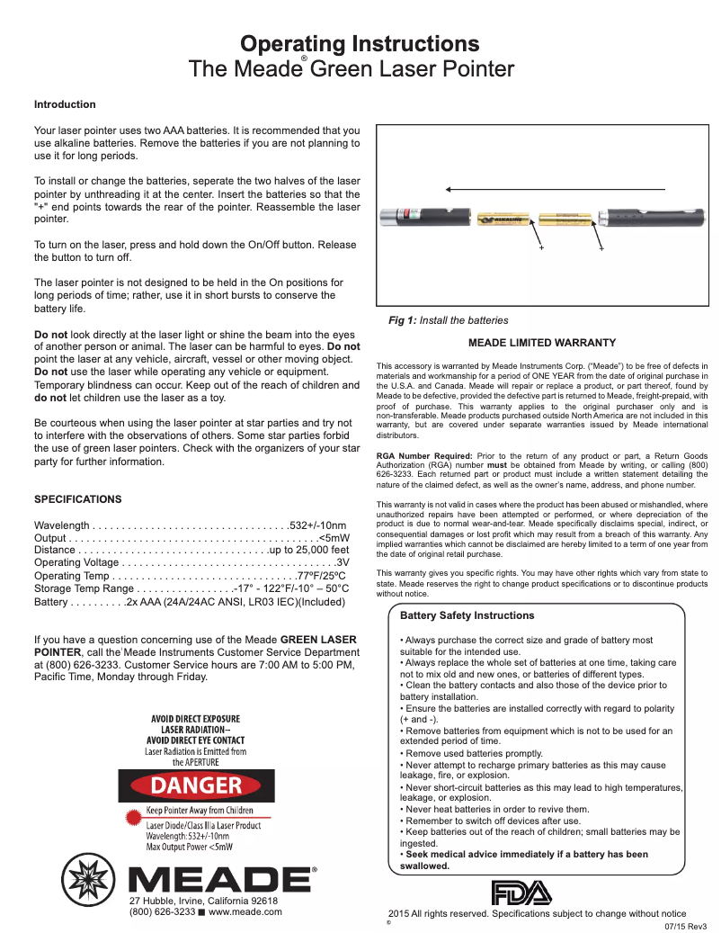 Page n°1 - Manuel utilisateur Meade Green Laser Pointer