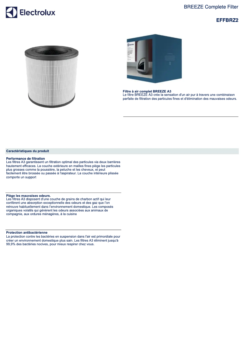 Page 1 de la notice Fiche technique Electrolux EFFBRZ2