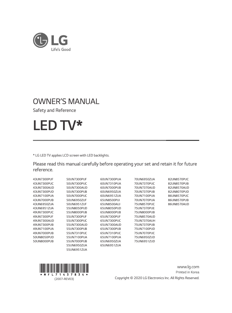 Page 1 de la notice Manuel utilisateur LG 50UN8050PUD