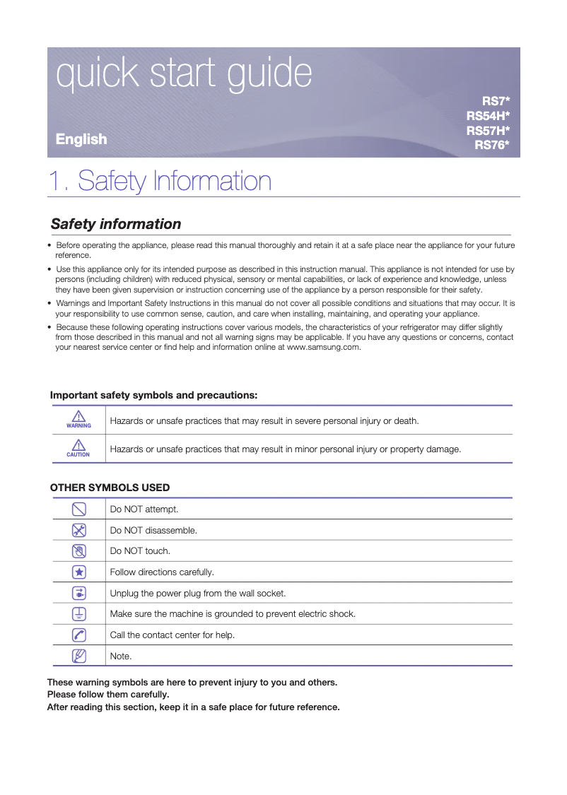 Page n°1 - Guide d'installation Samsung RS7577THCWW