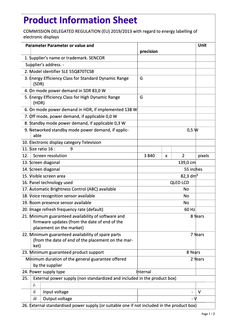 Image de la première page du manuel de l'appareil SLE 55Q870TCSB