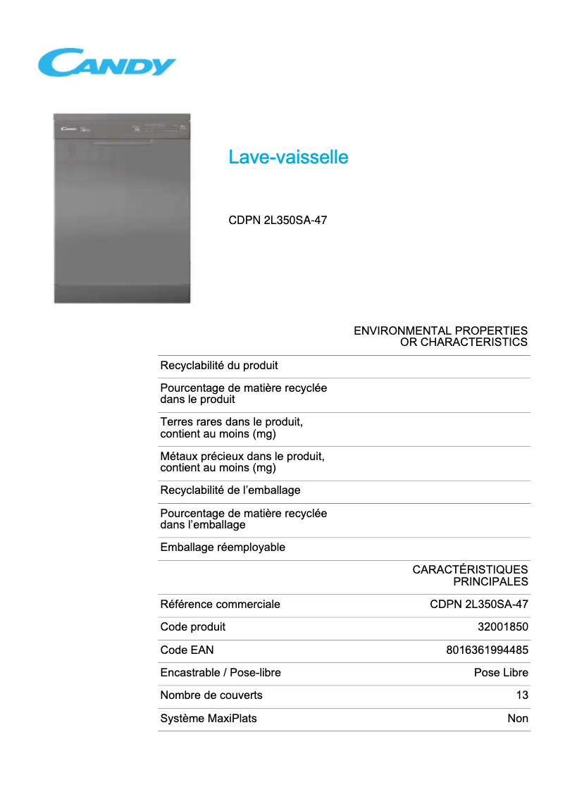 Page 1 de la notice Fiche technique Candy CDPN 2L350SA-47