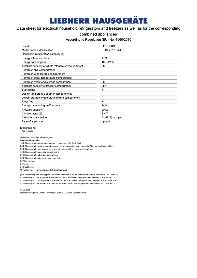 Page 1 de la notice Fiche technique Liebherr SBSesf 7212